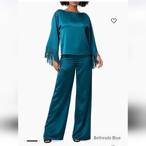 NWT Tina Turk Women's Nolita Wide-Leg Satin Pants Sz 6 $258 Bethesda Blue